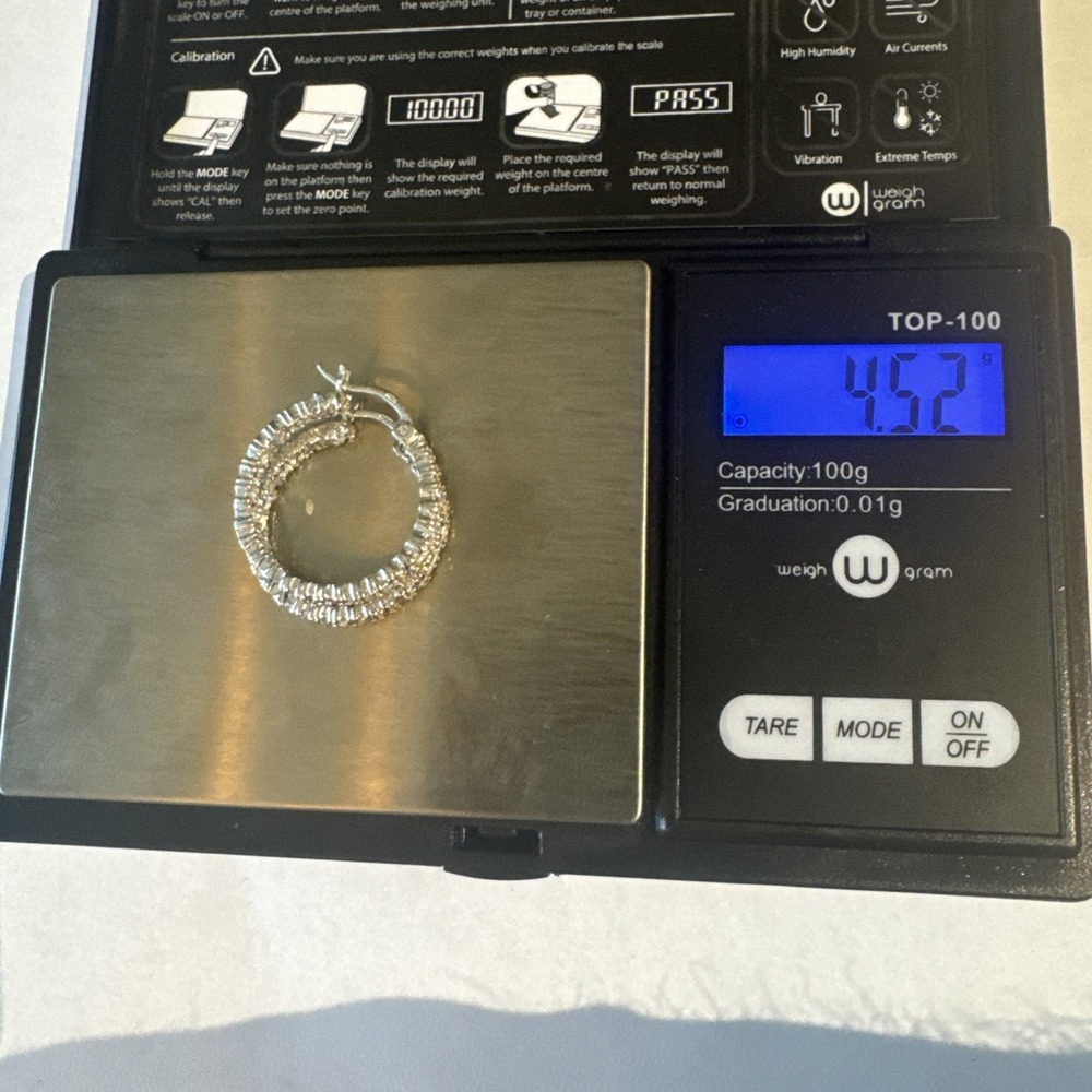 FAS 925 Sterling Silver Diamond Classic Hoop Earrings 1 Inch 4.52 Grams